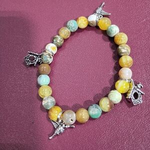 Hand Crafted Earthtone Colored Agate Stretch Bracelet With Hummingbird Charms